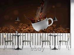 3D Coffee Cup Splash Beans Smoke Wallpaper Wall Mural Peel and Stick Wallpaper