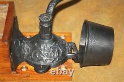 Antique Dovetail Wodd and Cast Iron Wall Mounted Hand Crank Coffee Grinder w Cup