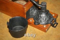 Antique Dovetail Wodd and Cast Iron Wall Mounted Hand Crank Coffee Grinder w Cup