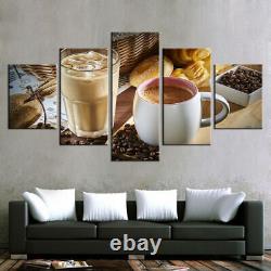Coffee Beans Cup of Steaming Hot Coffee Bread Canvas Prints Painting Wall Art 5P