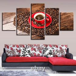 Coffee Beans Heart Shape Red Cup Plate 5 Panel Canvas Print Wall Art Home Decor