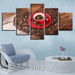 Coffee Beans Heart Shape Red Cup Plate 5 Panel Canvas Print Wall Art Home Decor