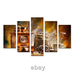 Coffee Machine Cup Beans Kitchen 5 Pieces Canvas Wall Art Picture Poster Home De