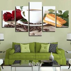Cup of Coffee Beans Red Roses Flowers Bread Canvas Print Painting Wall Art Decor