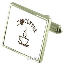 I Love Coffee Bean Cup Sterling Silver Cufflinks Optional Engraved Box