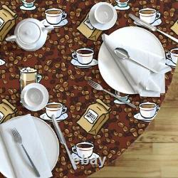 Round Tablecloth Coffee Cup Beans Drink Latte Cappuccino Brown Cotton Sateen